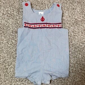 Bryan Vintage Infant Blue & White Pinstripe Bubble Romper w/ Nautical Embroidery